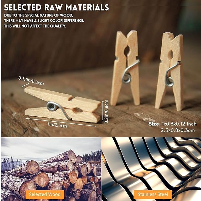 Mini Clothespins, Mini Clothes Pins for Photo Natural Wooden Small Picture Clips for Crafts 1 Inch 100 PCS Tiny Pegs Decorative Wood Clips for Wall Hanging Pictures