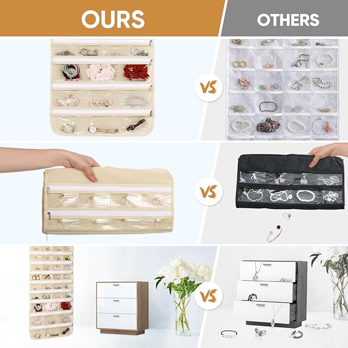 Cabilock Hanging Jewelry Organizer Wall Holder: Double Sided Zipper Earring storage Pocket with 66 Pockets Wall Closet Necklace Hanger for Earrings Bracelet Watch Ring