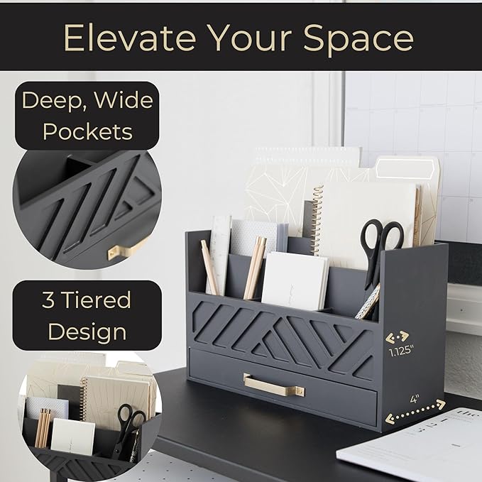 BLU MONACO | Wooden Mail Organizer with Drawer Gold Handle | Mail Sorter Organizer Countertop and Outgoing Mail Holder | Tabletop Organizer with Drawers Grey Desk Storage