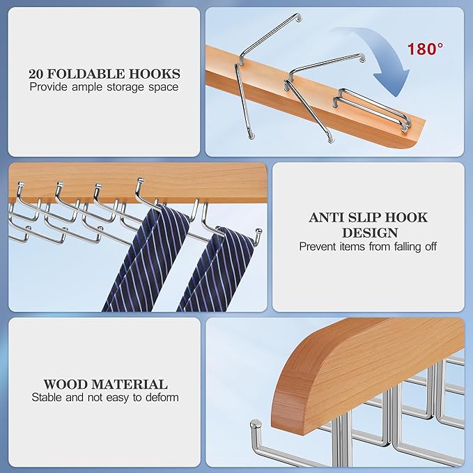 Tie Rack Hanger for Closet 20 Foldable Hooks, 2 Pack Wooden Non Slip Large Capacity Space Saving Tie and Belt Organizer with 360°Rotating Hooks for Tank Tops Bras Scarves Hat
