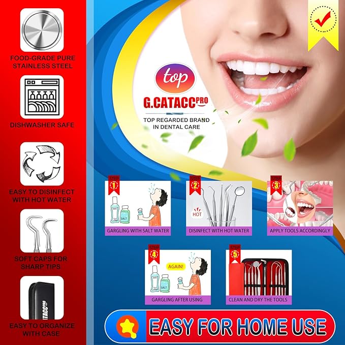 G.CATACC Dental Tools, Dental Pick Teeth Cleaning Tools Hygiene Kit, Plaque Remover for Teeth, Professional Stainless Steel Tooth Scraper Plaque Tartar Cleaner - with Case