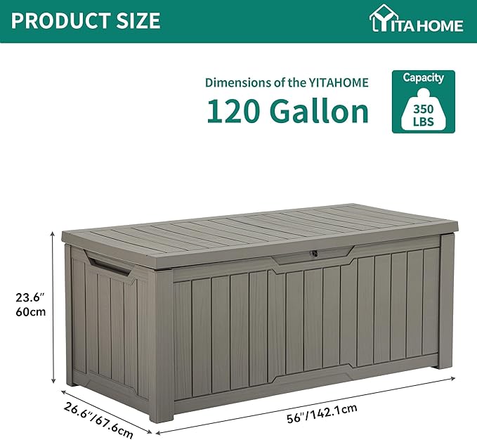 YITAHOME Outdoor Storage Box, 120 Gallon Waterproof Deck Box for Garden Tools, Patio Cushions, and Pool Accessories, Lockable, Easy Assembly, Versatile Bench or Table (Light Brown)