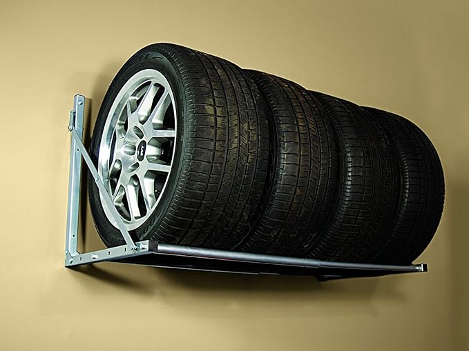 HyLoft 01031 Wall-Mounted Folding Tire Storage Loft Rack, 32 to 48 Inches Wide, Supports 300 Pounds and Folds Flat, Silver
