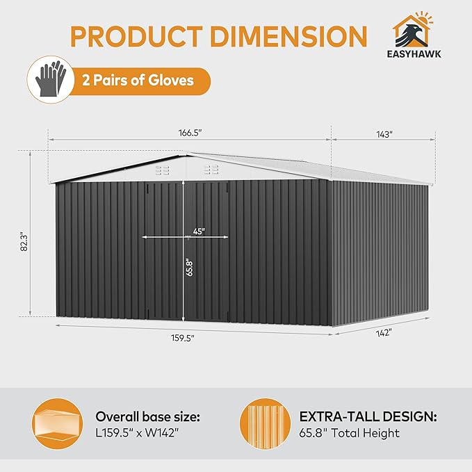 14 x 12FT Outdoor Storage Shed, Metal Waterproof Storage Shed Steel Utility Garden Tool Shed with Door & Lock Outdoor Storage,All-Weather Shelter for Bike, Gardening Tools, Lawn Mowers,White