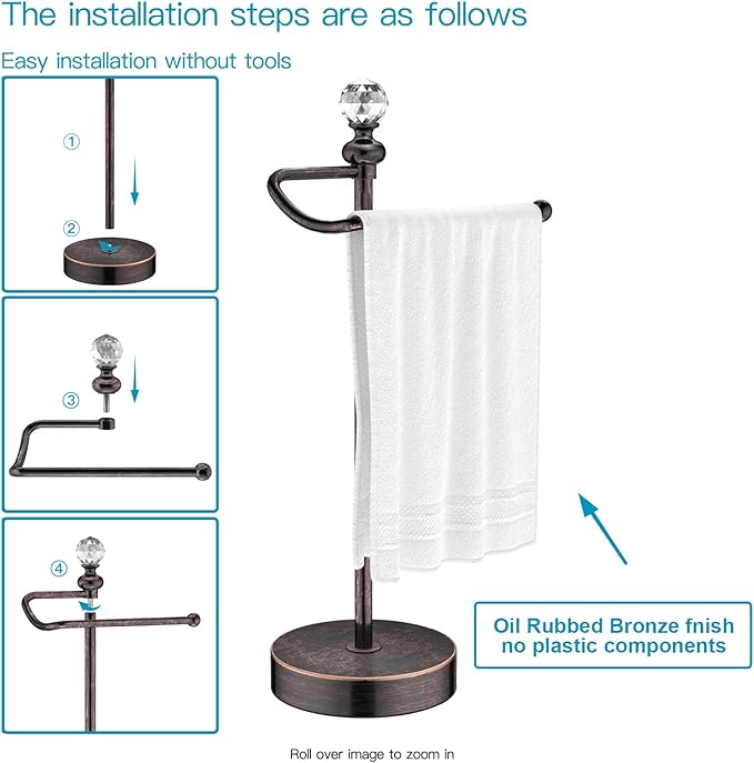 Heavy Weighted Hand Towel Holder(with Crystal Ball) Standing Hand Towel Holder Total Height 15.7'' for Kitchen,Bathroom,Vanity,Classic Decorative Metal Hand Towel Stand,Oil Rubbed Bronze
