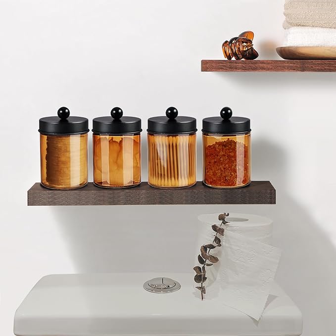 Amolliar Bronze Glass Apothecary Jar, Qtip Holder Metal Lid & Stickers, Bathroom Qtip Dispenser Storage Canister, Perfect for Cotton Balls, Cotton Swabs, Makeup Pads, Bath Salt, Floss, 4 Pack (Black)