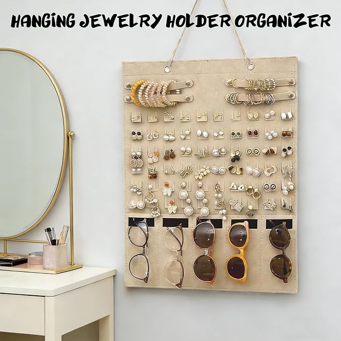 Hanging Jewelry Organizer Storage, Wall Jewelry Organizer Storage for Earrings Hooks, Necklaces, Bracelets and Sunglasses, Hanging Jewelry Organizer has Plenty of Space to Store Jewelry, Brown Color