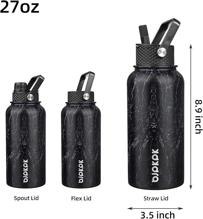 BJPKPK Insulated Water Bottles with Straw Lid, 27oz Stainless Steel Water Bottle with 3 Lids, Leak Proof BPA Free Metal Thermos Mug, Sports Water Bottle Keep Cold & Hot- Midnight (Pack of 5)