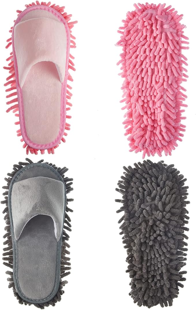 Jecery 2 Pairs Microfiber Cleaning Mop Slippers for Floor Cleaning House Mop Shoes Men and Women Washable Unisex Dusting Slippers Dirt Tool Supplies(Large,Gray, Pink)