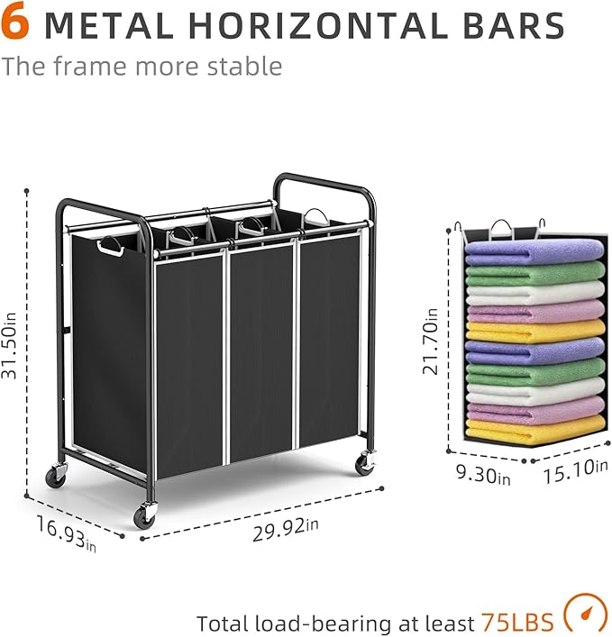 ROMOON Laundry Sorter Hamper 3 Section, Divided Laundry Basket Organizer with Heavy Duty Lockable Wheels and Removable Bags, Rolling Clothes Hamper for Apartment, Dorm & Family (130L Modern Black)