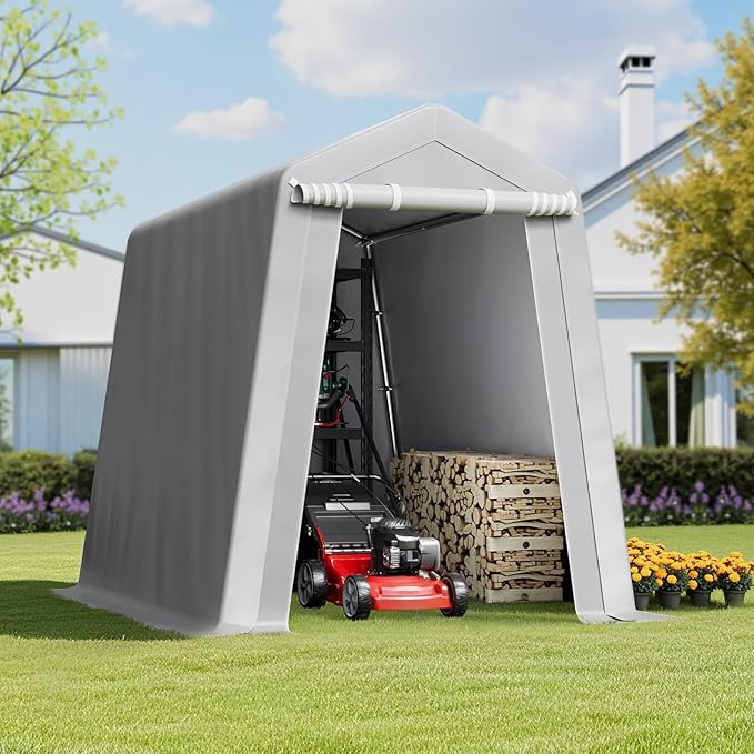 VEVOR 6x8x7 FT Heavy-Duty Portable Outdoor Storage Shed Tent, Waterproof Carport Garage Shelter with Roll-Up Zipper Door & Vents, UV-Resistant Canopy for Motorcycle, Bike, Lawn Mower, Tools, Gray