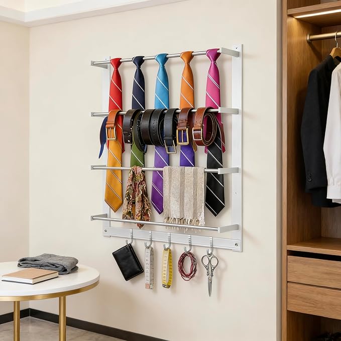 Wall-Mount Display Rack with 5 Hooks, Organizer Ribbon Holder Spool Roll Scarf &Tie Towel Storage Rack Sewing Craft Wrapping Paper Holder for Craft Room Retail Store Florist Home Bedroom