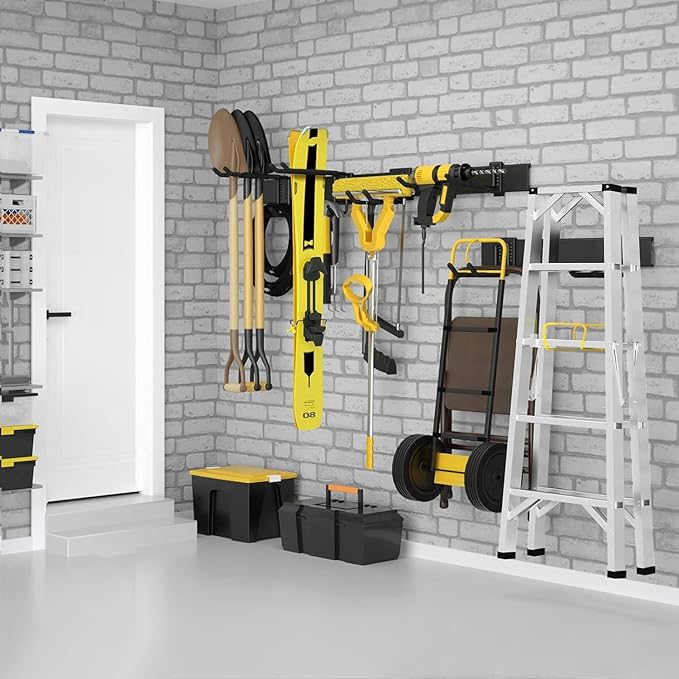 64 Inches Garage Storage, UUP Garage Organization Wall Mount Garden Tool Organizer, 620lbs Adjustable Metal Hooks, Yard Shed Rail Rack, Lawn Tool Holder for Hanging Rake Broom Mop Snowboard, Home Gift