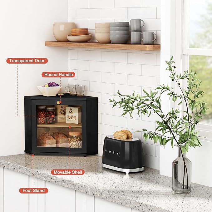 Corner Bread Box for Kitchen Countertop, Black Bread Storage Container for Homemade Bread, Two Layer Breadbox under Cabinet Mount, Large Bread Holder for Kitchen Counter, Pantry Shelf