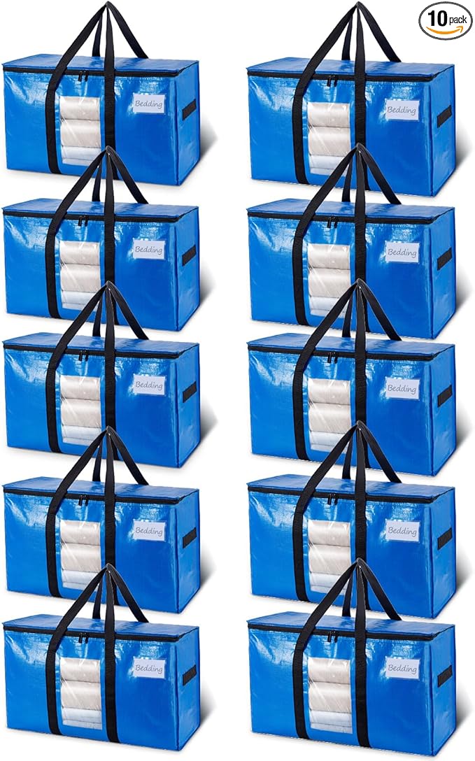 TAILI Extra Large Moving Bags, 10 Pack Blue Heavy Duty Totes for Storage with Visible Window, Wrap Around Handles, Storage Bags for Space Saving, Alternative to Moving Boxes