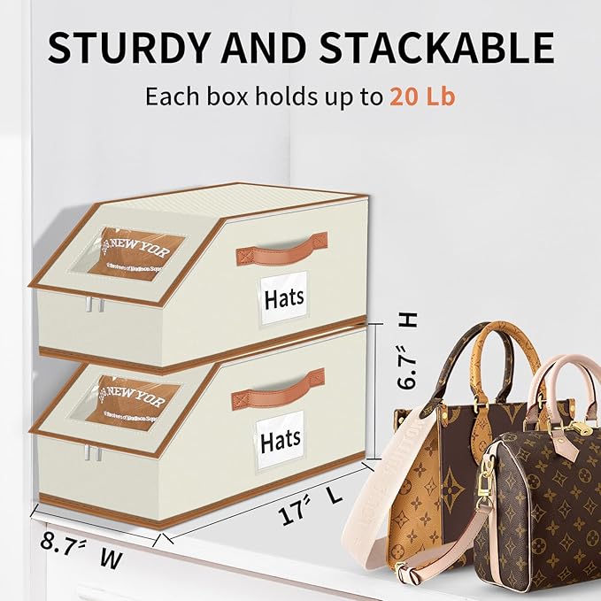 Hat Organizer for Baseball Caps - 2PCS Stackable Storage with Clear Window Lid, Flip-Top Access, Space-Saving Hat Box for Closet, Breathable Fabric (beige with brown)