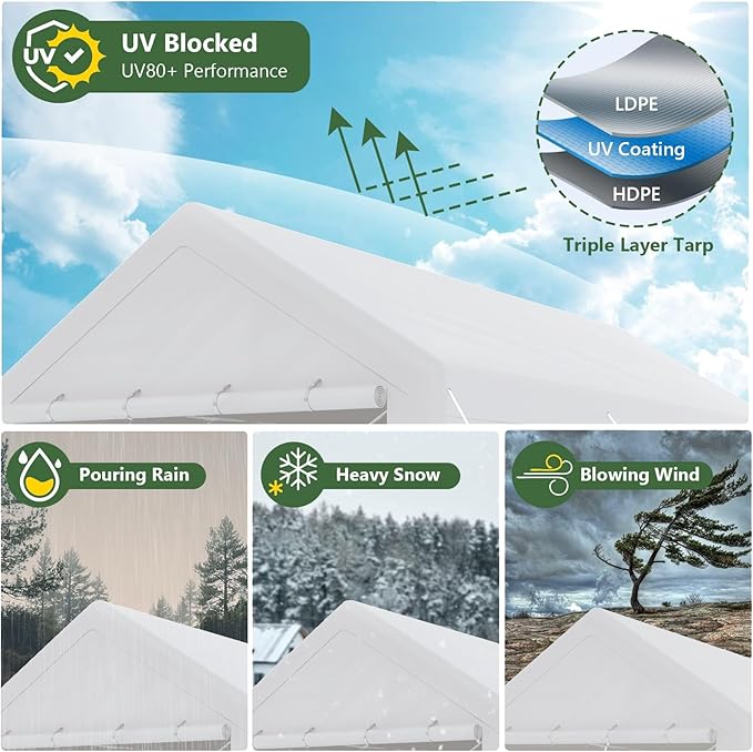 Carport 10x20 Ft Heavy Duty Canopy Steel Canopy Storage Shed,Portable Party Tent,Portable Garage with Removable Sidewalls & Doors All-Season Tarp for Carport Floor Fixing (White)