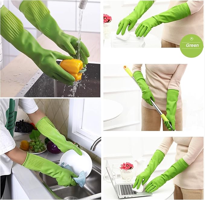 Bamllum 3 Pairs of Rubber Dishwashing Gloves for Kitchen and Household Cleaning – Long Cuff 15", Reusable, Flexible Long-lasting and Non-Slip (Red+Yellow+Green, Large) (Pack of 2)