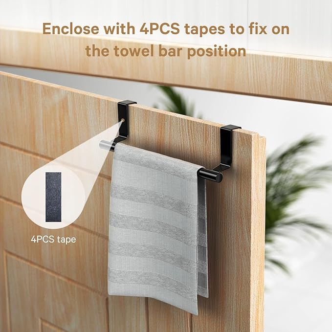 Stainless Steel Over Door Towel Rack Bar Holders for Universal Fit on Over Cabinet Cupboard Doors 2 Pack (Black)