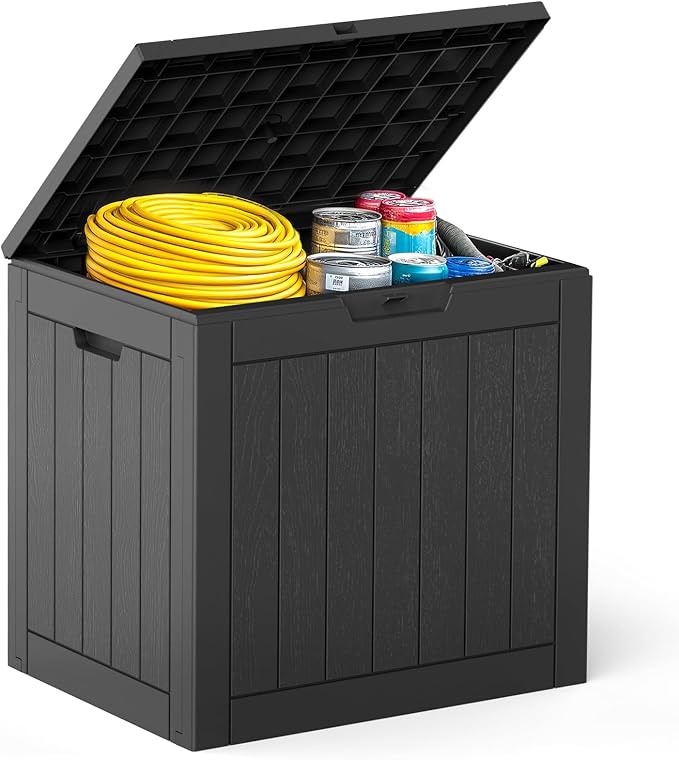 DUMOS 31 Gallon Deck Box, Lockable Outside Storage Box for Outdoor Use, Outside Waterproof Resin Package Delivery Box for Backyard Patio Garden, Black