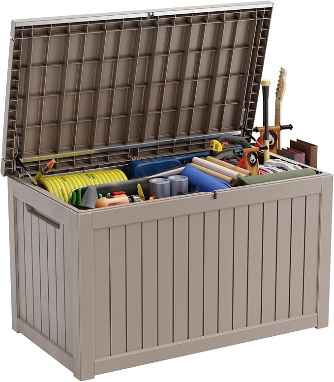 280 Gallon Outdoor Deck Box,Waterproof Resin Outdoor Storage Boxes, Outside Storage Lockable Container for Garden Tools,Indooor Cushions,Accessories (Grey)