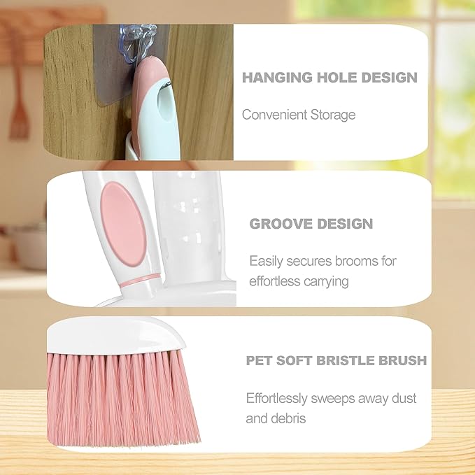 Mini Broom and Dustpan Set Small Broom with Dustpan Combo Set Portable Cleaning Tools for Home Office RV Learning Camping (White+Pink)