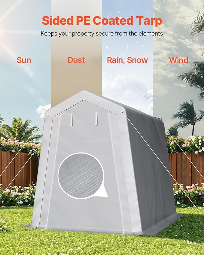 VEVOR 6x8x7 FT Heavy-Duty Portable Outdoor Storage Shed Tent, Waterproof Carport Garage Shelter with Roll-Up Zipper Door & Vents, UV-Resistant Canopy for Motorcycle, Bike, Lawn Mower, Tools, Gray