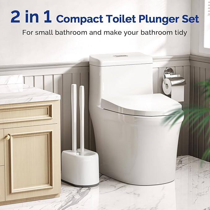 HAMITOR Toilet Plunger and Brush Set for Bathroom Cleaning with Extented Handle - Heavy Duty Toilet Plunger Combo Accessories with Caddy Stand Holder for Small Space - White,2 Sets