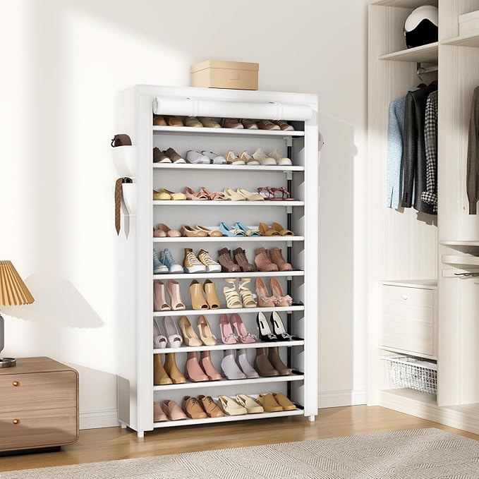 Shoe Rack with Cover Narrow Shoe Organizer with Pockets 10 Tier Tall Shoe Storage Holds 36-41 Pairs Shoes and Boots Shoe Rack for Closet Entryway Garage, White