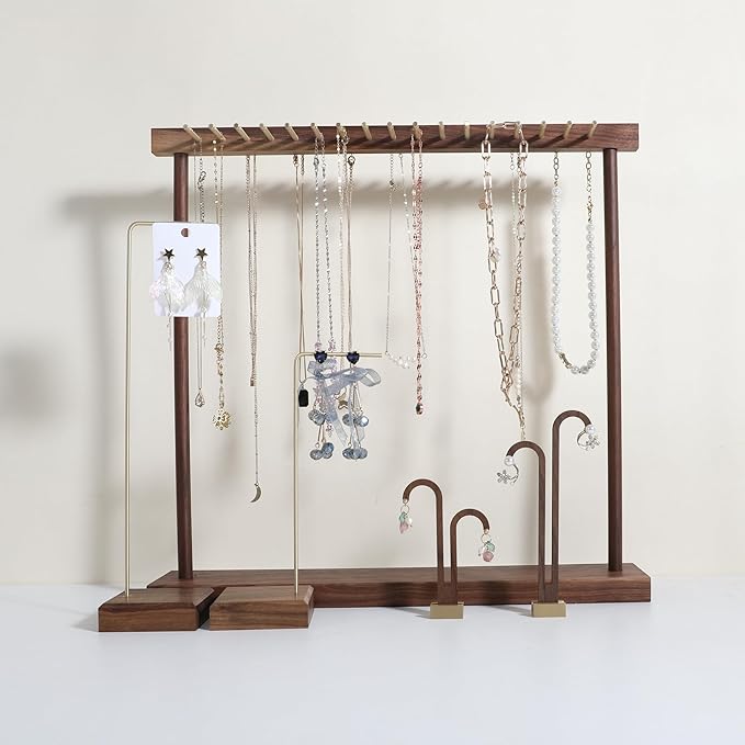 GemeShou Large necklace hanger shelf with 17 copper bars, Wooden jewelry storage organizer rack for hanger necklace bracelet, necklace display stand for boutique store【Walnut】