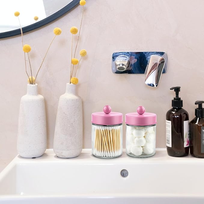 2 Pack Glass Apothecary Jars with Lids for Bathroom, Cute Qtip Holder, Pink Bathroom Accessories Set, Small Bathroom Canisters with Lids for Q-Tips, Cotton Swabs, Pink Bathhouses Decor