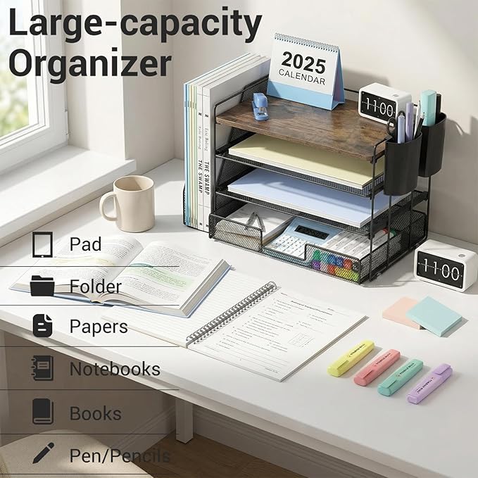 OPNICE Desk Organizers and Accessories, 4-Tier Desktop File Organizer with Drawer and 2 Pen Holders, Office Desk Accessories Workspace Organizers for Office Supplies(Wood)