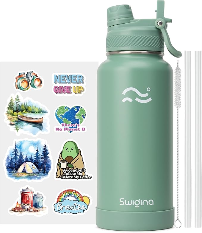 [2-IN-1 LID] Insulated Water Bottle with Silicone Boot (36hrs Cold/18hrs Hot) - DIY Stickers, Leakproof, BPA Free, 32 oz