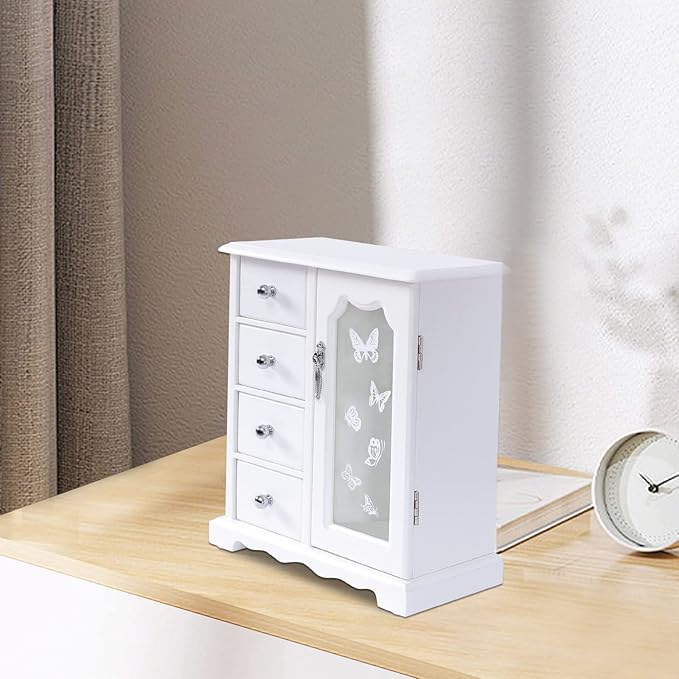 White Jewelry Box - Wooden Makeup and Accessories Organizer with 4 Drawers - Rotatable Hook with Large Mirror Dresser Decor - Wood Jewelry Case with Mirror for Necklaces, Earring, Rings