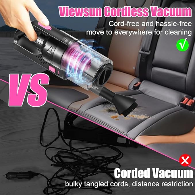 Viewsun Car Vacuum Cordless Rechargeable, 8000PA High Power Handheld Vacuum Cleaner with 17PCS Car Cleaning Kit, Pink Auto Accessories for Women Gift