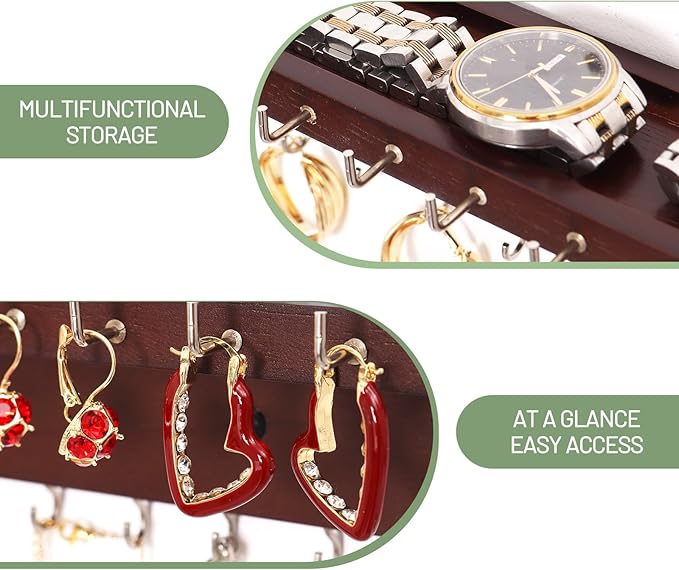 Necklace Holder Organizer Wall Mount,Jewelry Holder Organizer with 30 Hooks,Oak Jewelry Organizer and Storage for Necklaces,Bracelets and Rings (Dark Walnut)