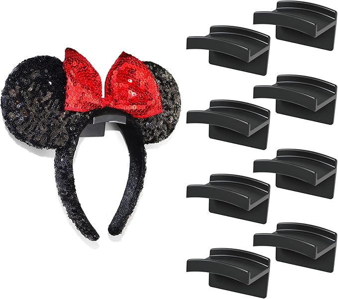 Modern JP Adhesive Hooks for Disney Ears (8-Pack) - Minimalist Disney Ear Holder, No Drilling Headband Holder Design, Strong Hold Headband Organizer - USA Patented, Black