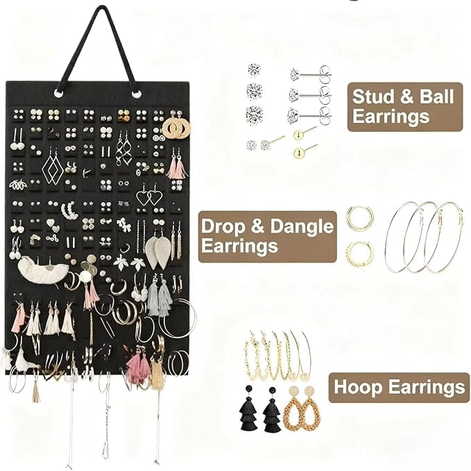 Hanging Earrings Organizer & Holder 20 Hooks, Holds Up To 300 Pairs, Compact Design, Soft Material, Earring Hanger & Display for Women & Girls,1 Pack (Black, 22.5 * 13.6 inches)