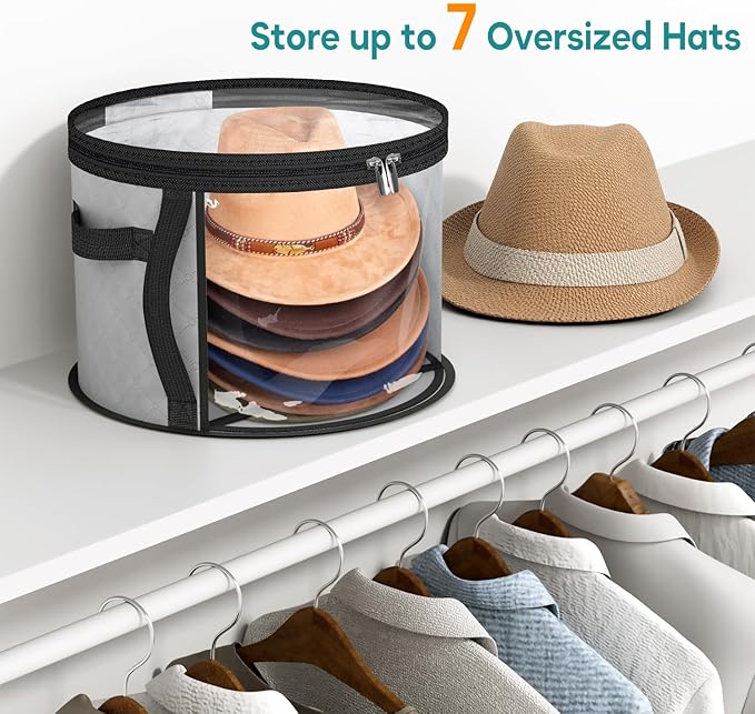 AOODA Oversized Clear Hat Storage Bag, Holds up to 7 Caps Cowboy Hat Organizer for Closet, Wide Brims Hat Case with Carrying Handles (Grey)