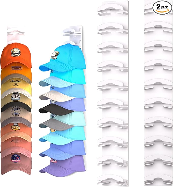 Hat Organizer for Baseball Caps 2Pack, Hat Rack for Wall with Strong Adhesive Hold up to 20 Hats, Hat Hanger Holder Display for Door Closet, Cap Organizer Storage Multilayer Two Mounting Option(White)