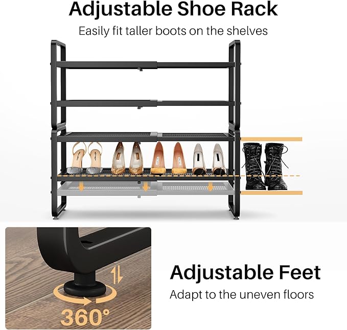 Shoe Rack - Expandable Shoe Organizer for Closet, Adjustable Metal Shoe Shelf Storage, Stackable Long Shoe Stand Holder for Garage, Entryway, Door Entrance (Black, 4-Tier)