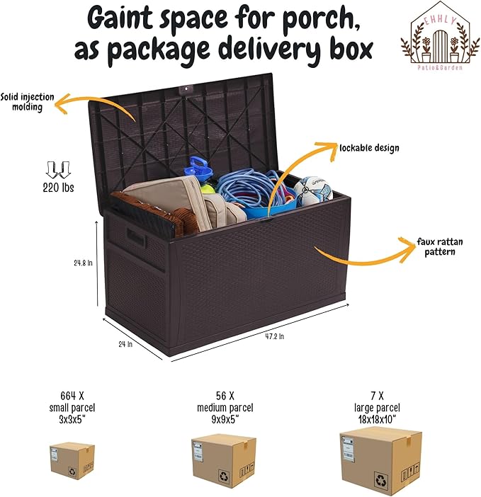 EHHLY 121 Gallon Outdoor Storage Box Large, Lockable Outside Storage Containers Waterproof Patio Cushions Deck Boxes, Rattan Plastic Garden Hose Storage Boxes Resin Pool Storage Bins, Brown