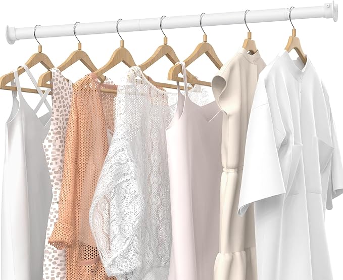Closet Rods for Hanging Clothes, 17 to 28 Inches Stepless Adjustable Metal Closet Rod, 1.3 Inches Heavy Duty Clothes Hanging Rod for Closet Wardrobes Laundry RV, White