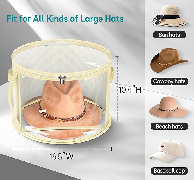 AOODA Oversized Clear Hat Storage Bag for Women, Holds up to 7 Caps Cowboy Hat Organizer for Closet, Wide Brims Hat Case with Carrying Handles (Yellow)