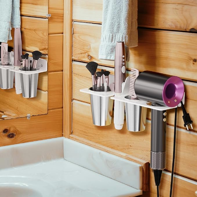 HIIMIEI Hair Tool Organizer Wall Mount, White Acrylic Hot Tool Holder with 2Cups, Bathroom Hair Styling Accessories Storage Organizer for Flat Iron, Blow Dryer, Curling Wand