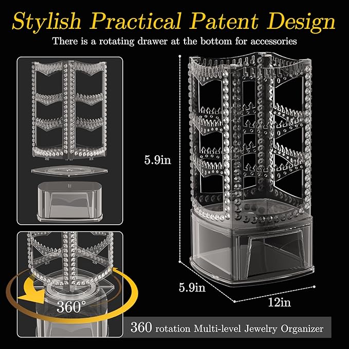 Hanging Jewelry Organizer with 10 Silver Polishing Cloths, Jewelry Holder with 156 Holes and 160 Grooves for Earring, Necklaces, Bracelet with Rotating Hanger, Easy Assembly (Gray)