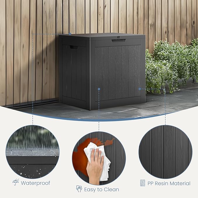 DUMOS 31 Gallon Deck Box, Lockable Outside Storage Box for Outdoor Use, Outside Waterproof Resin Package Delivery Box for Backyard Patio Garden, Striped Black