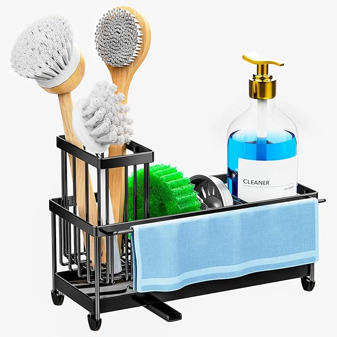Cisily Sponge Holder for Kitchen Sink, Sink Caddy Organizer with High Brush Holder, Kitchen Countertop Organizers and Storage Essentials, Rustproof 304 Stainless Steel (Black With Towel Rack, 9.25″)