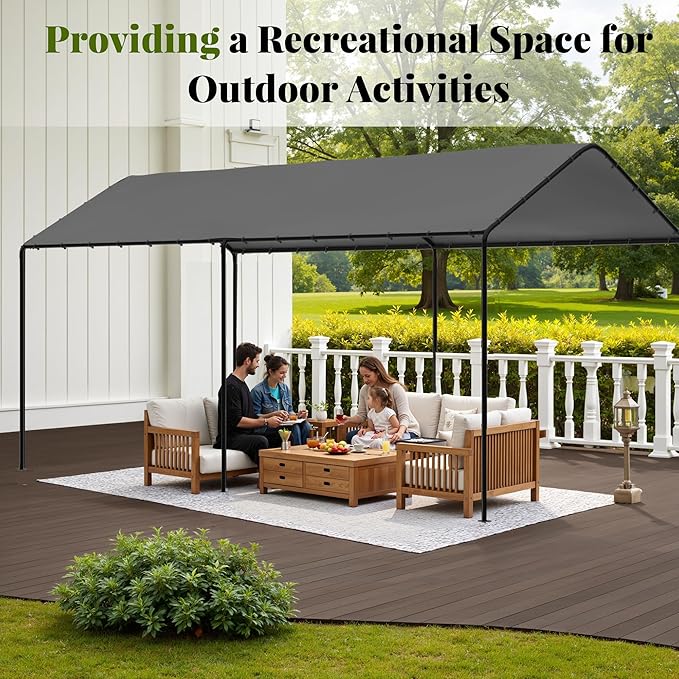 Carport, 10‘ x 20’ Heavy Duty Portable Garage All-Season Car Canopy, Outdoor Garage Boat Shelter Carport Canopy Party Tent w/Water-Resistant Tarp for Backyard (Grey, 10' x 20' /no Side)