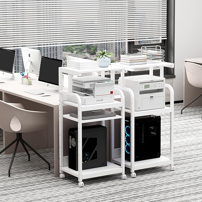 4 Tier White Printer Stand Table with Adjustable Shelves, Movable Printer Shredder Stand with Wheels for Home Office Storage and Organization, Rolling Cart for Computer Tower CPU